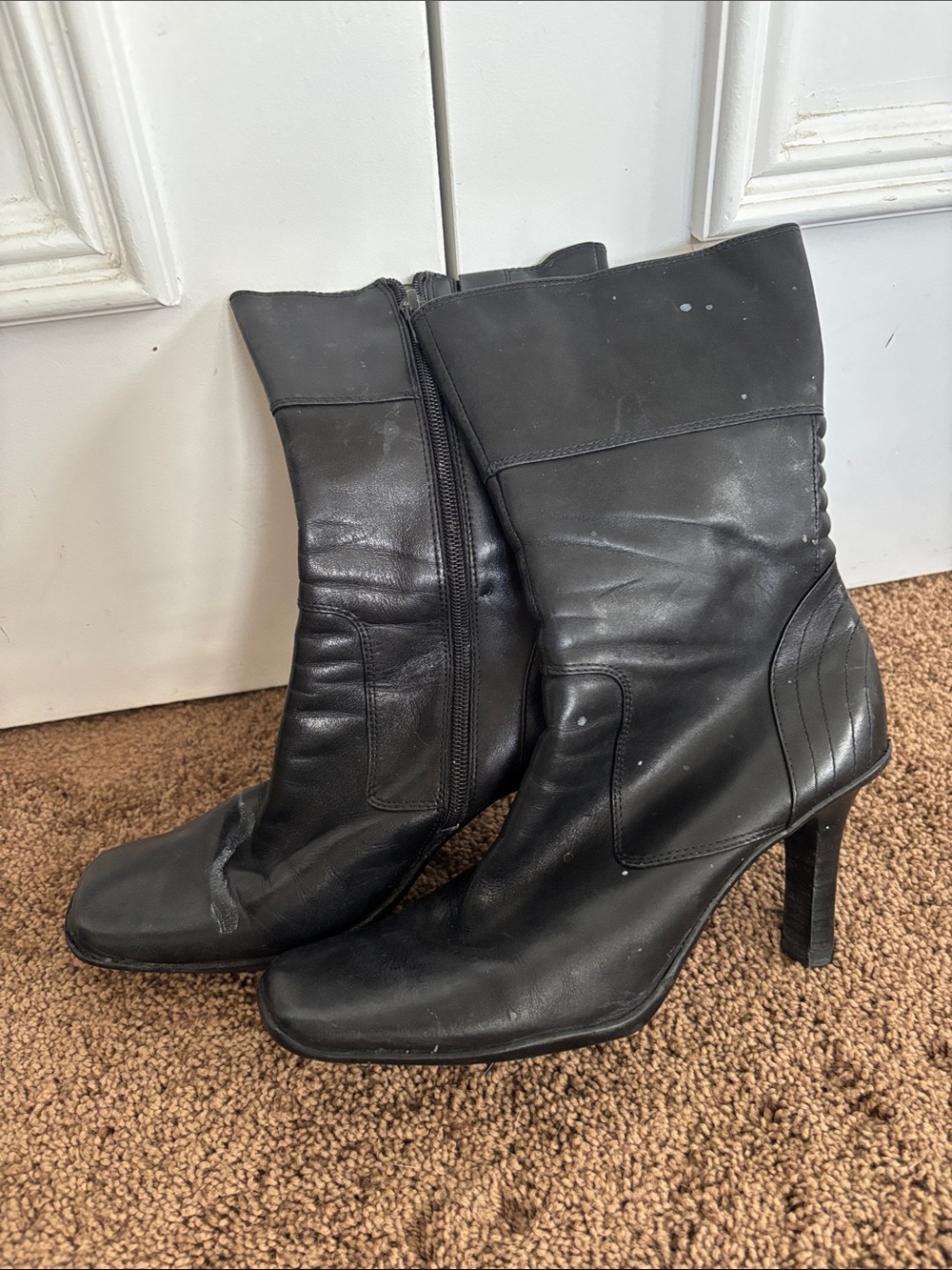 Nine West Black Leather Mid-Calf Heeled Boots